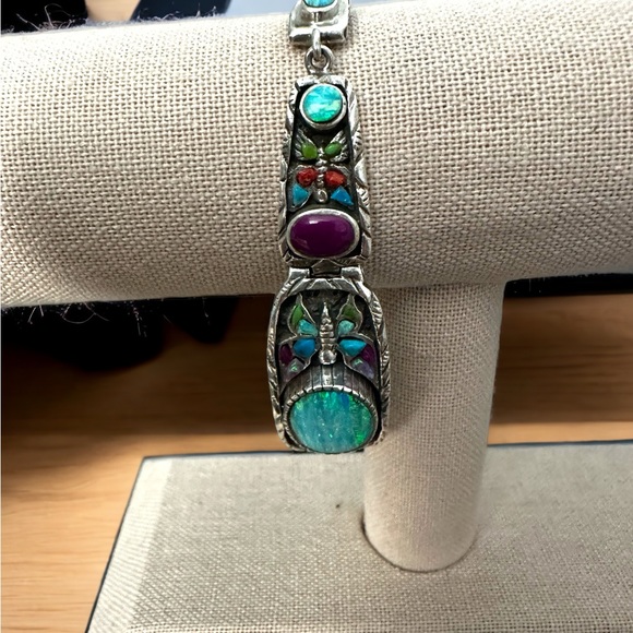 Stunning Fire Opal & Turquoise in Solid Sterling Silver Bracelet - Picture 4 of 12